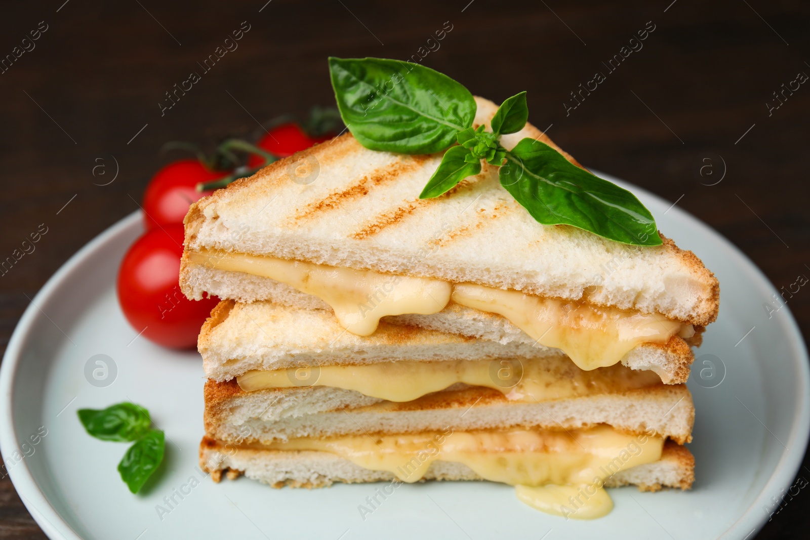 Photo of Pieces of toasted bread with melted cheese, tomato and basil on table, closeup