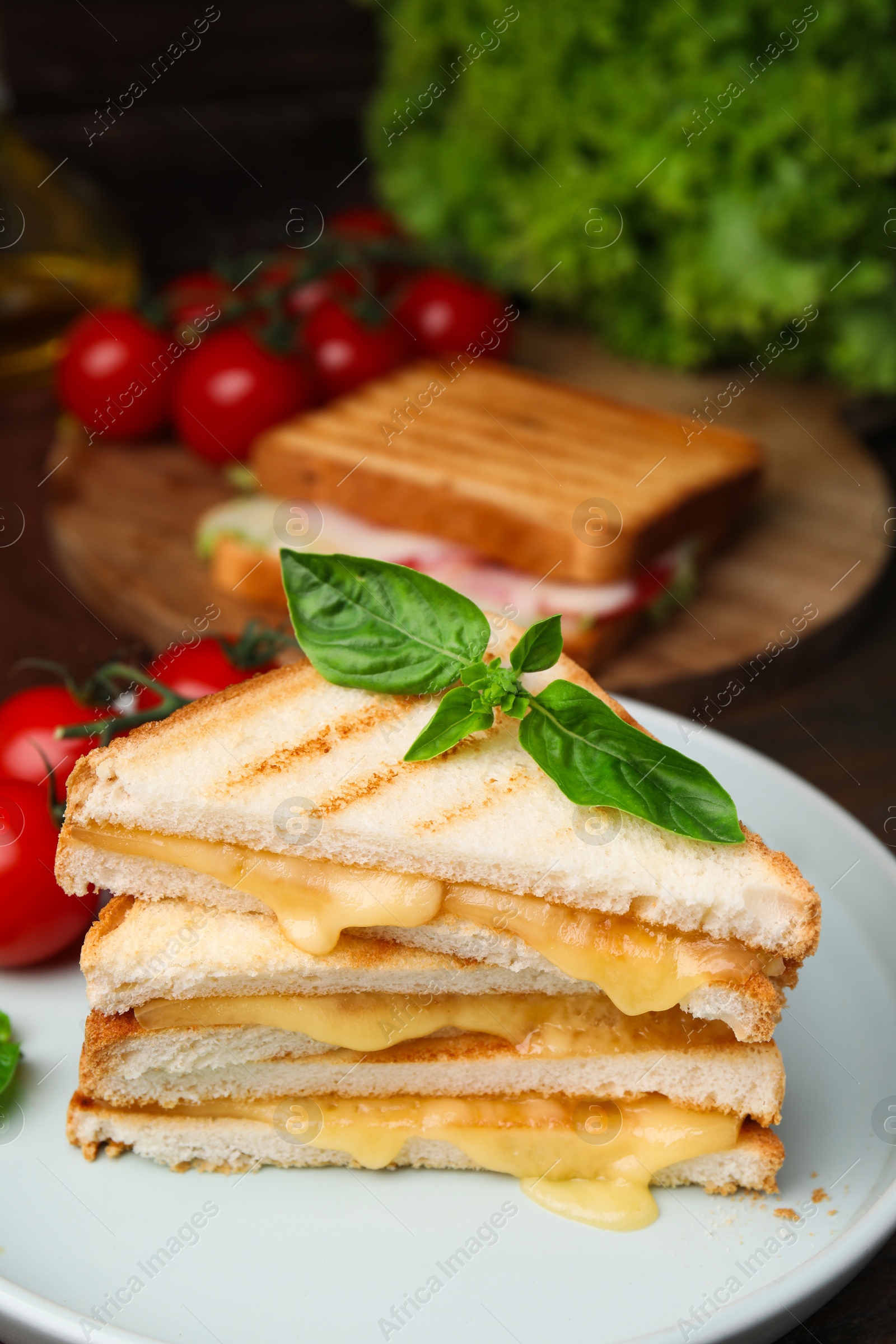 Photo of Pieces of toasted bread with melted cheese, basil and tomatoes on table