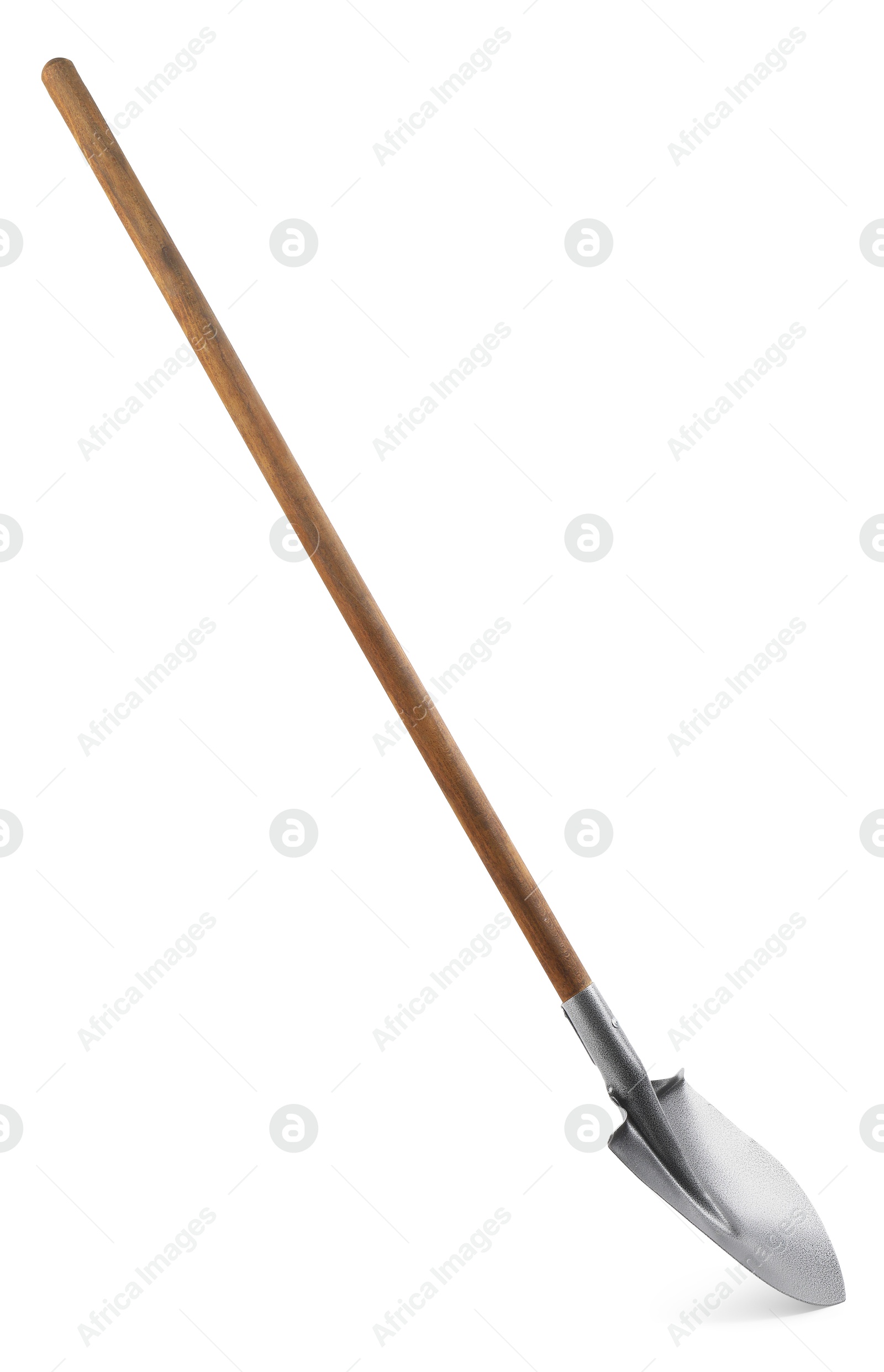 Photo of Metal shovel with wooden handle isolated on white