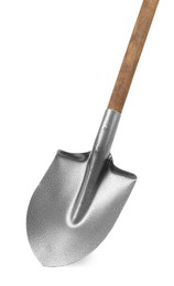 Photo of Metal shovel with wooden handle isolated on white