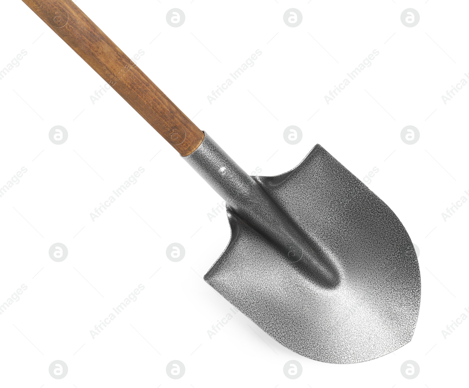 Photo of Metal shovel with wooden handle isolated on white, top view