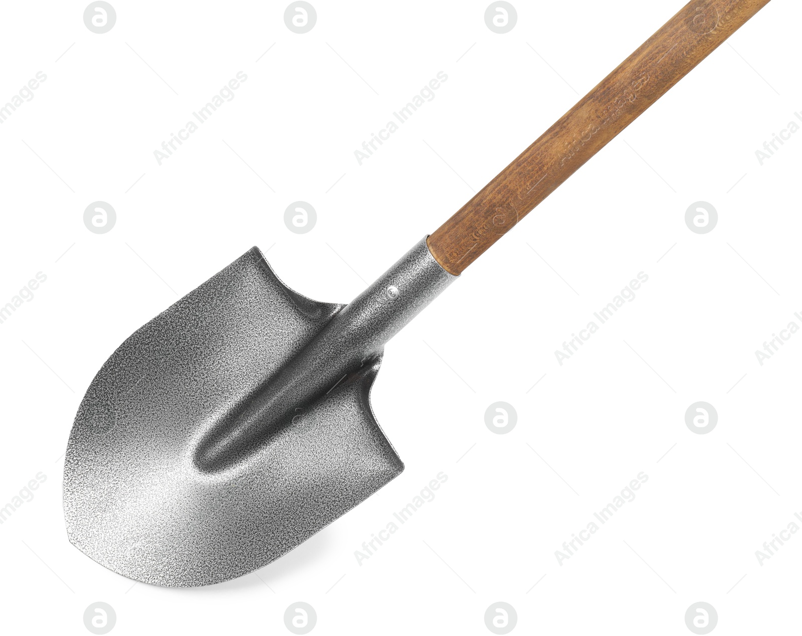 Photo of Metal shovel with wooden handle isolated on white, top view