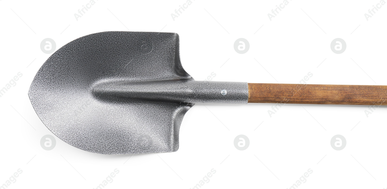 Photo of Metal shovel with wooden handle isolated on white, top view