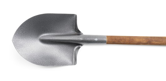 Photo of Metal shovel with wooden handle isolated on white, top view