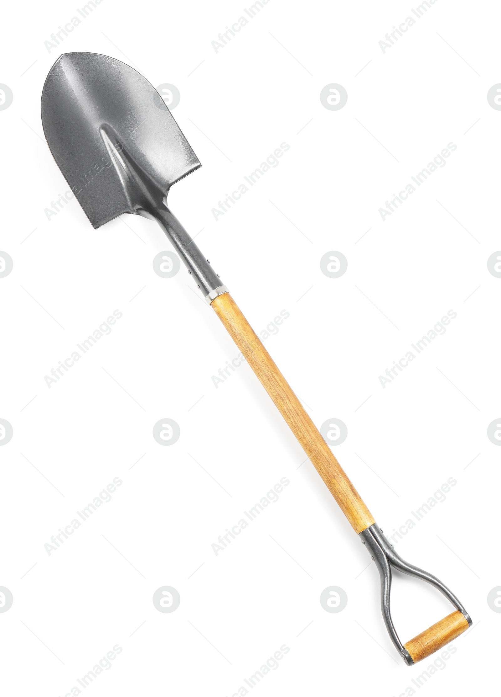 Photo of Metal shovel with wooden handle isolated on white, top view