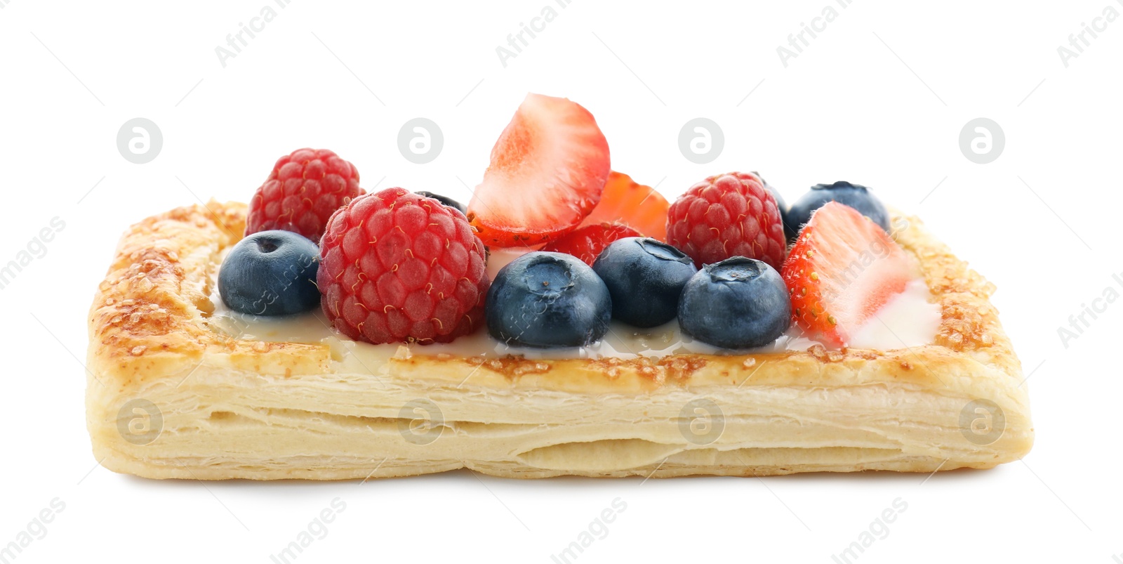 Photo of Tasty puff pastry with berries isolated on white