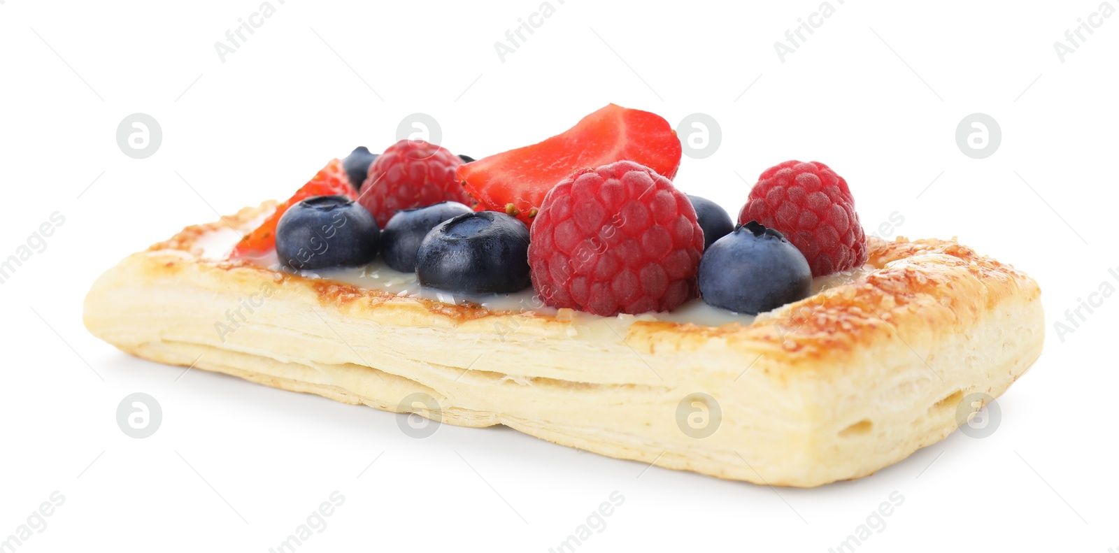 Photo of Tasty puff pastry with berries isolated on white