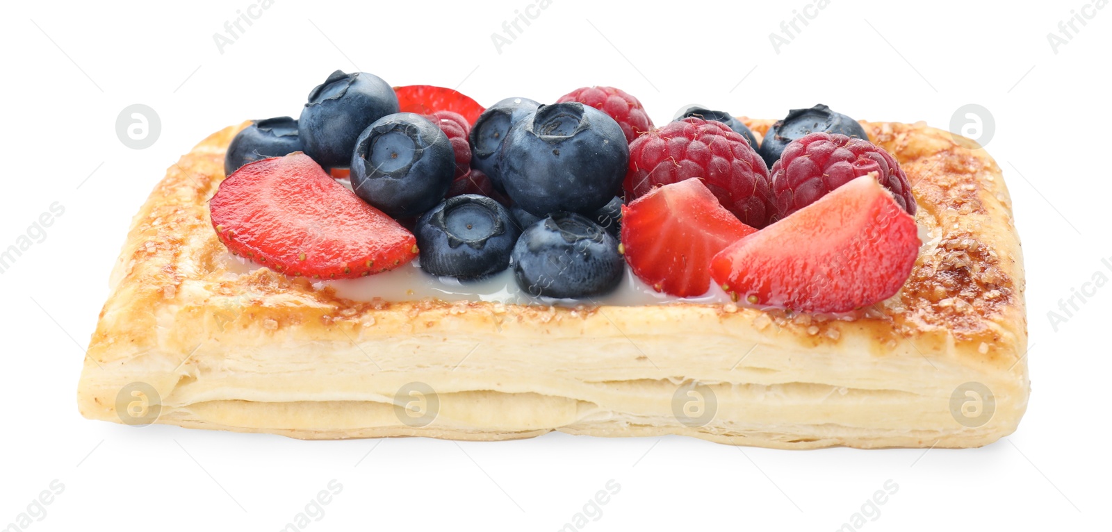 Photo of Tasty puff pastry with berries isolated on white