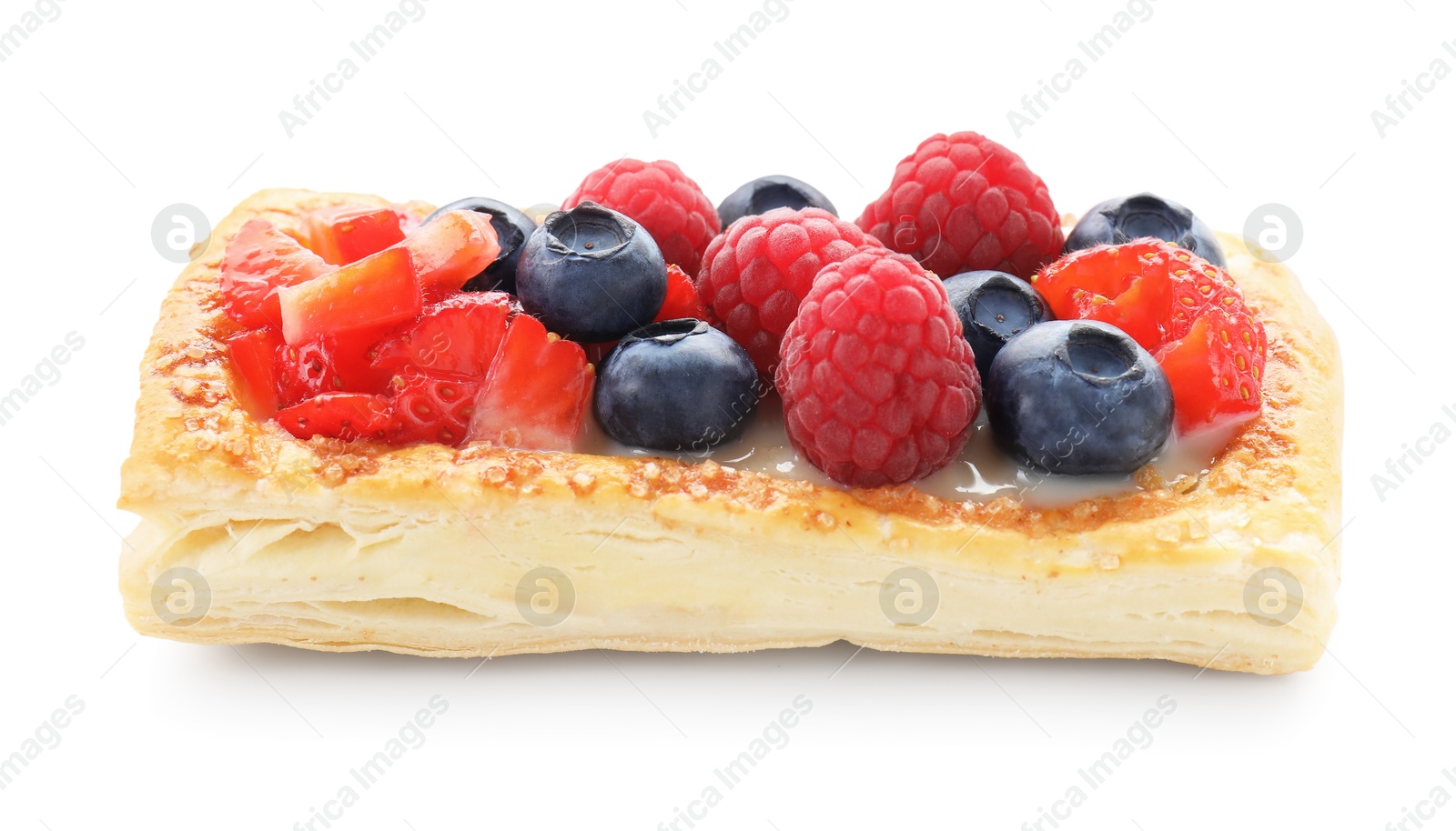 Photo of Tasty puff pastry with berries isolated on white