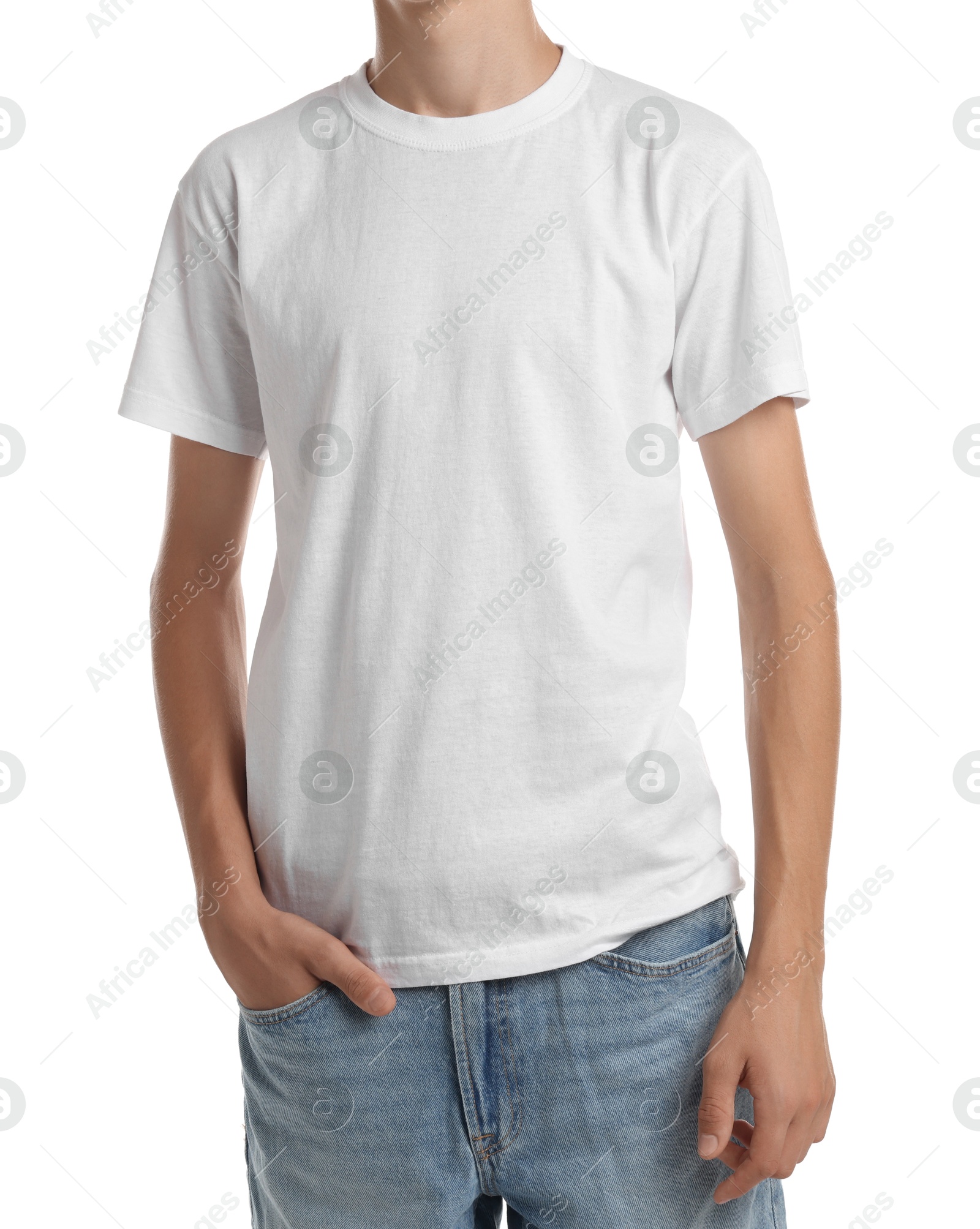 Photo of Teenage boy wearing t-shirt on white background, closeup