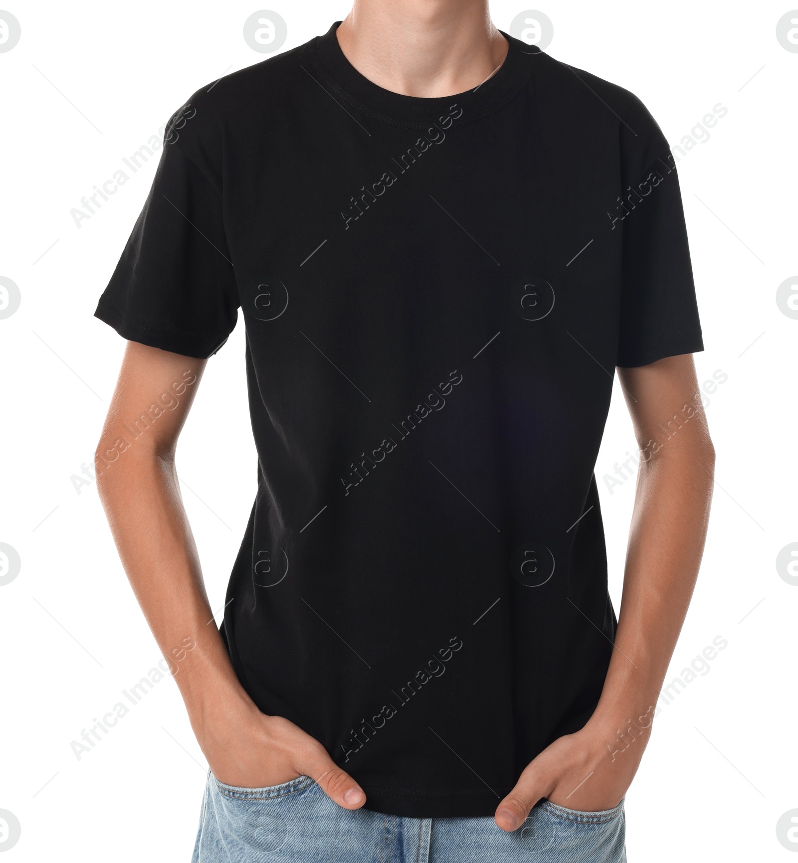 Photo of Teenage boy wearing black t-shirt on white background, closeup