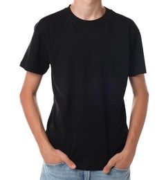 Teenage boy wearing black t-shirt on white background, closeup