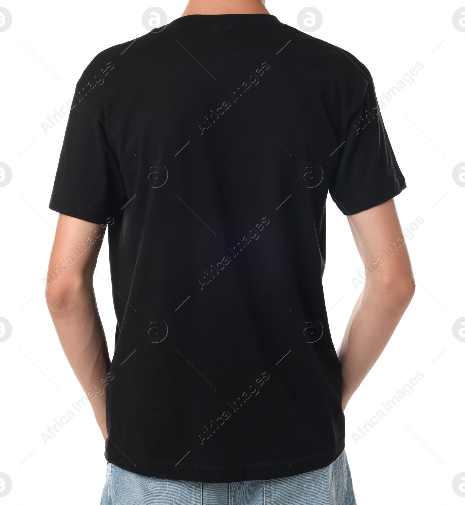 Photo of Teenage boy wearing black t-shirt on white background, closeup