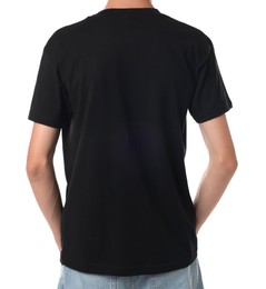 Teenage boy wearing black t-shirt on white background, closeup