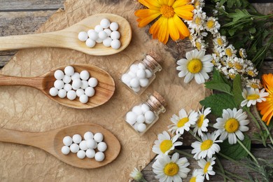 Photo of Homeopathic remedy. Flat lay composition with many pills, bottles and flowers on wooden table