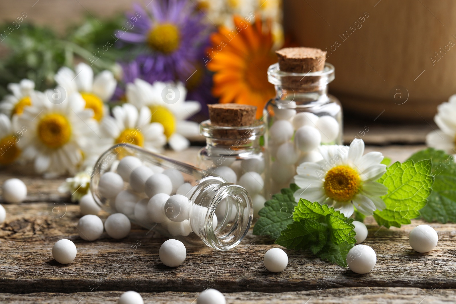 Photo of Homeopathic remedy. Many pills, bottles and chamomile flowers on wooden table, closeup