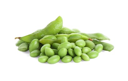 Photo of Raw green edamame soybeans and pods isolated on white