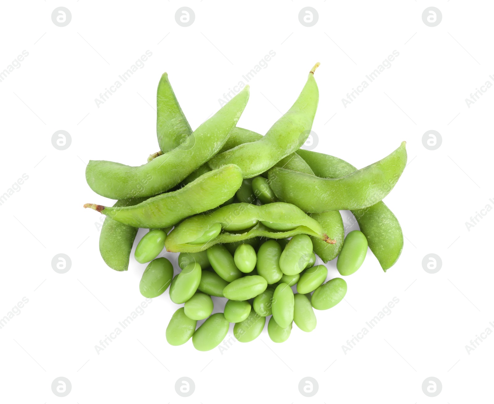 Photo of Raw green edamame soybeans and pods isolated on white, top view