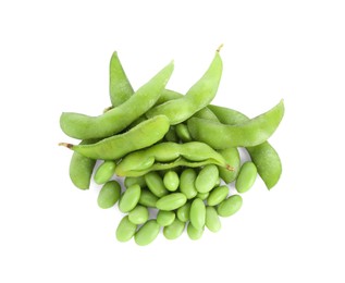 Photo of Raw green edamame soybeans and pods isolated on white, top view