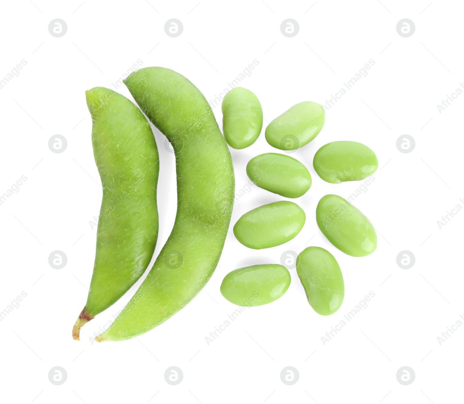 Photo of Raw green edamame soybeans and pods isolated on white, top view