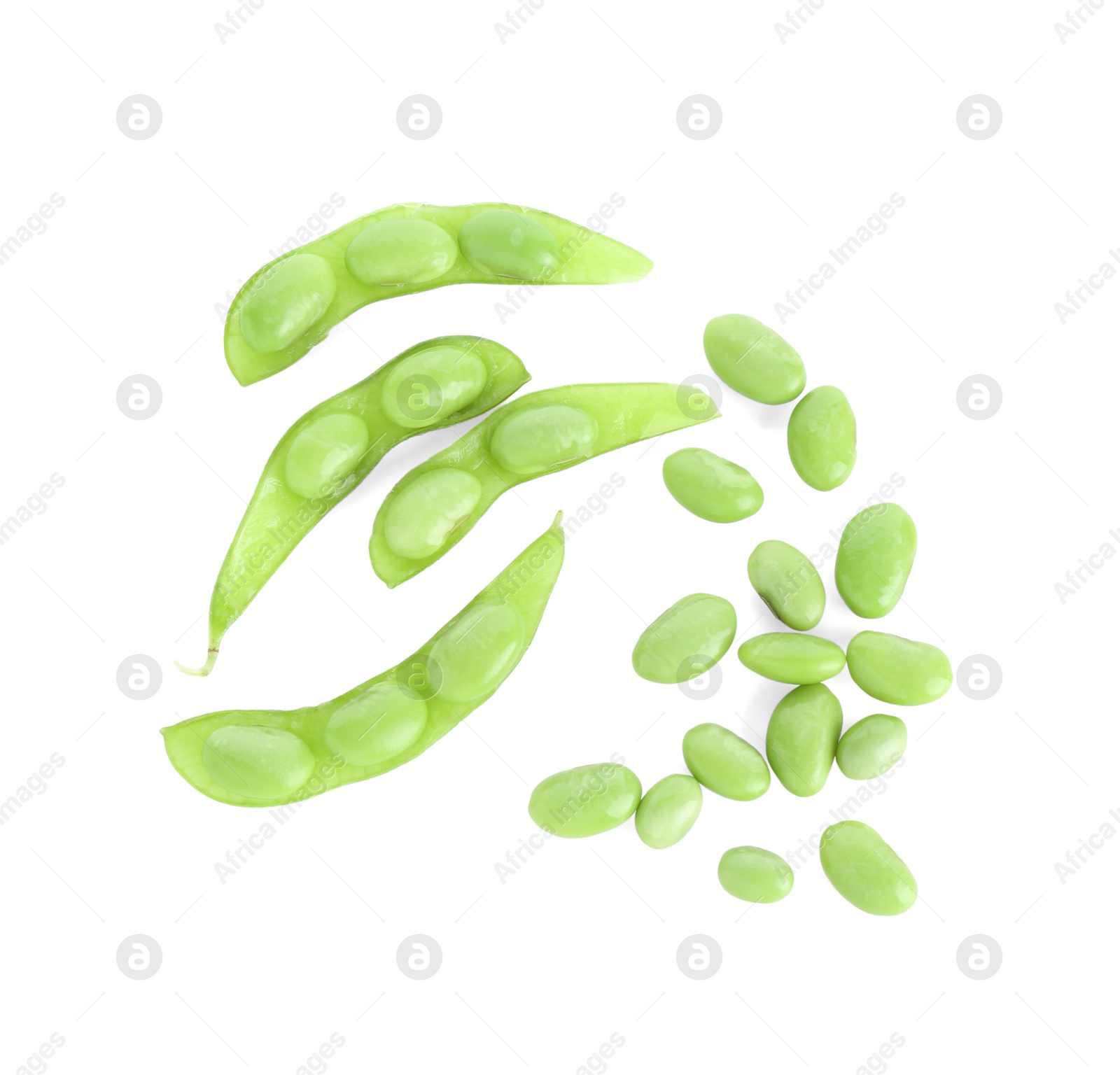 Photo of Raw green edamame soybeans and pods isolated on white, top view