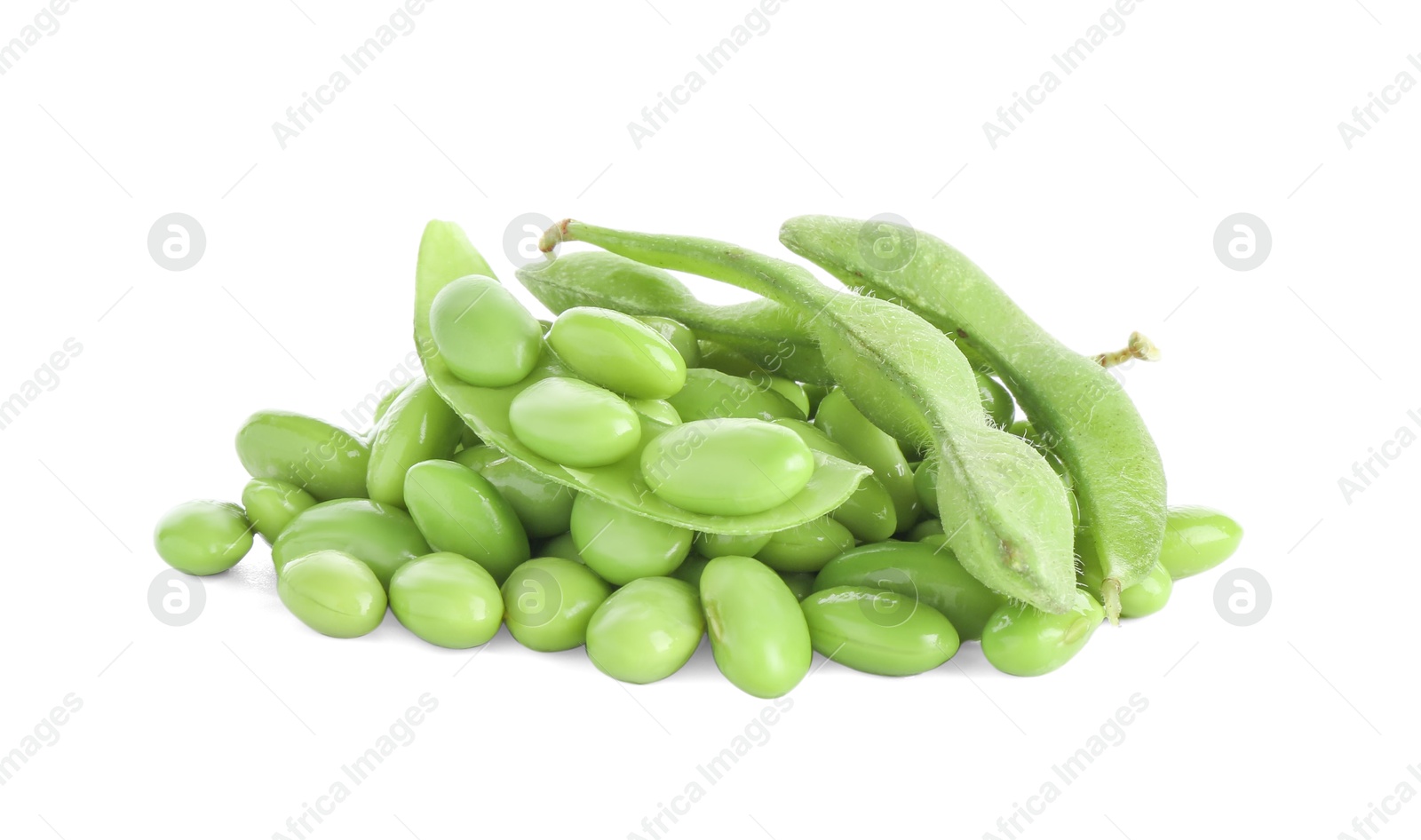 Photo of Raw green edamame soybeans and pods isolated on white