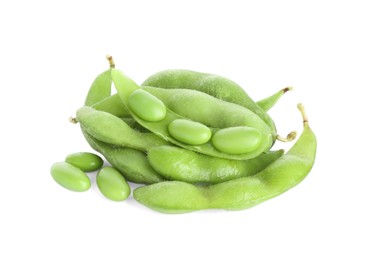 Photo of Raw green edamame soybeans and pods isolated on white