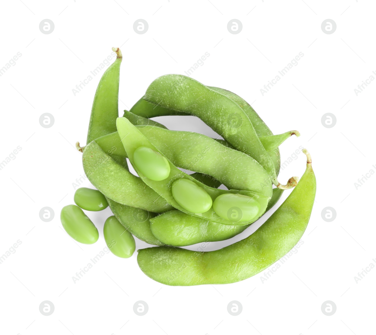 Photo of Raw green edamame soybeans and pods isolated on white, top view