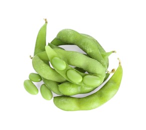 Photo of Raw green edamame soybeans and pods isolated on white, top view