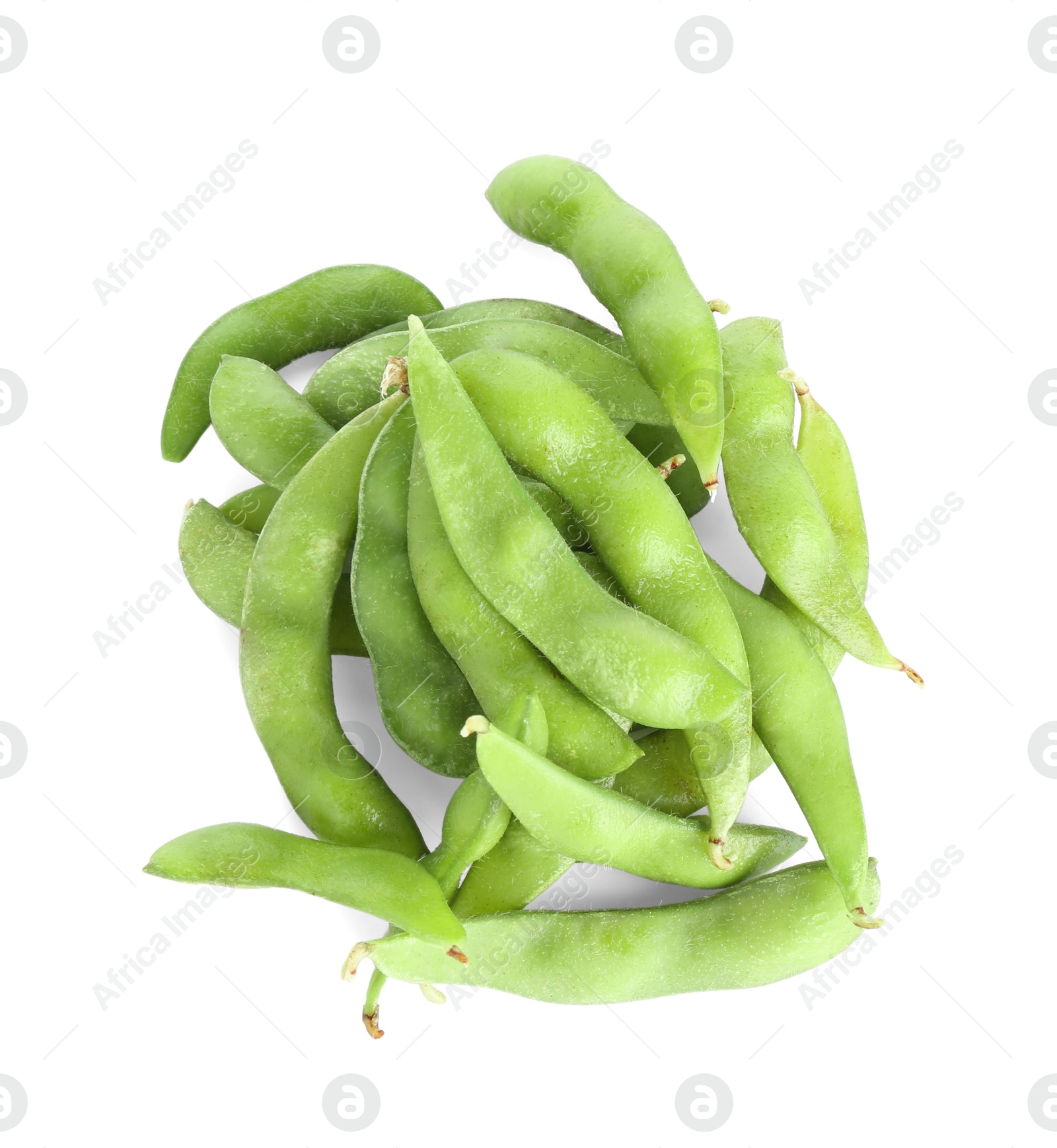 Photo of Raw green edamame pods isolated on white, top view