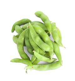 Photo of Raw green edamame pods isolated on white, top view