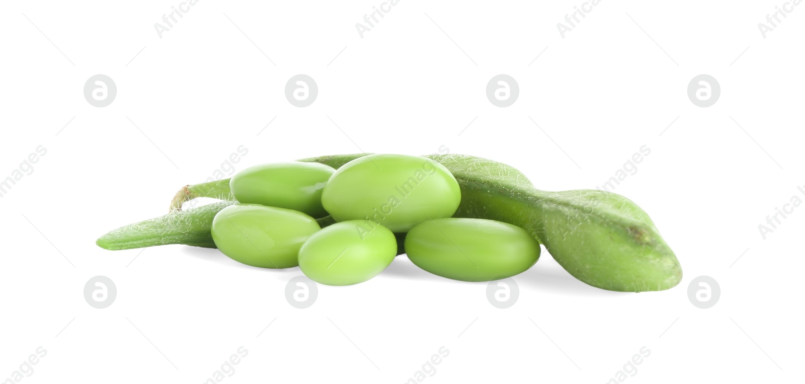 Photo of Raw green edamame pods with soybeans isolated on white