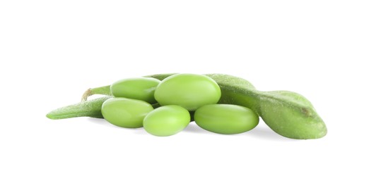 Photo of Raw green edamame pods with soybeans isolated on white