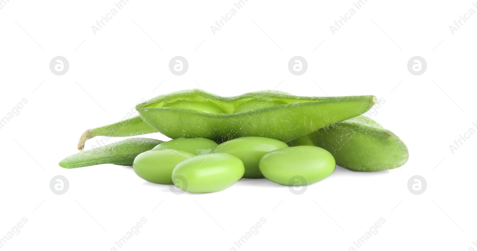 Photo of Raw green edamame pods with soybeans isolated on white