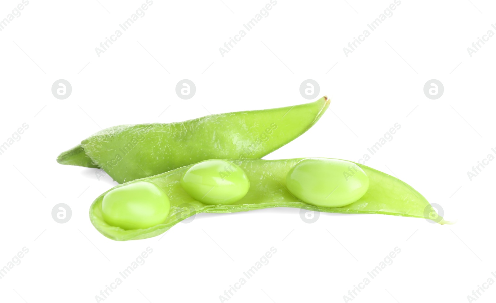 Photo of Raw green edamame pods with soybeans isolated on white