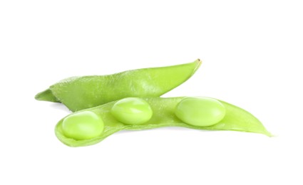 Photo of Raw green edamame pods with soybeans isolated on white