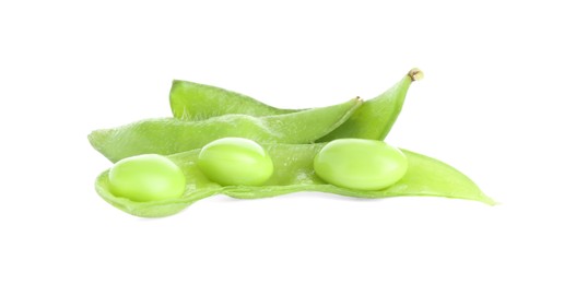 Photo of Raw green edamame pods with soybeans isolated on white