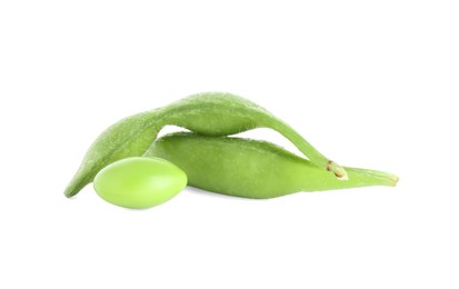 Photo of Raw green edamame pods with soybeans isolated on white