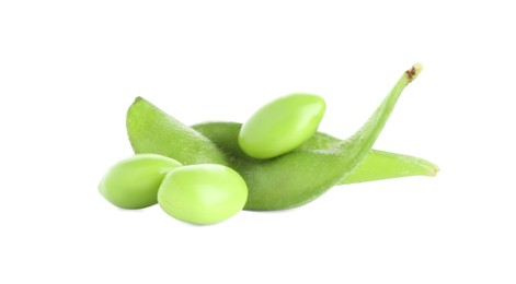 Photo of Raw green edamame pods with soybeans isolated on white