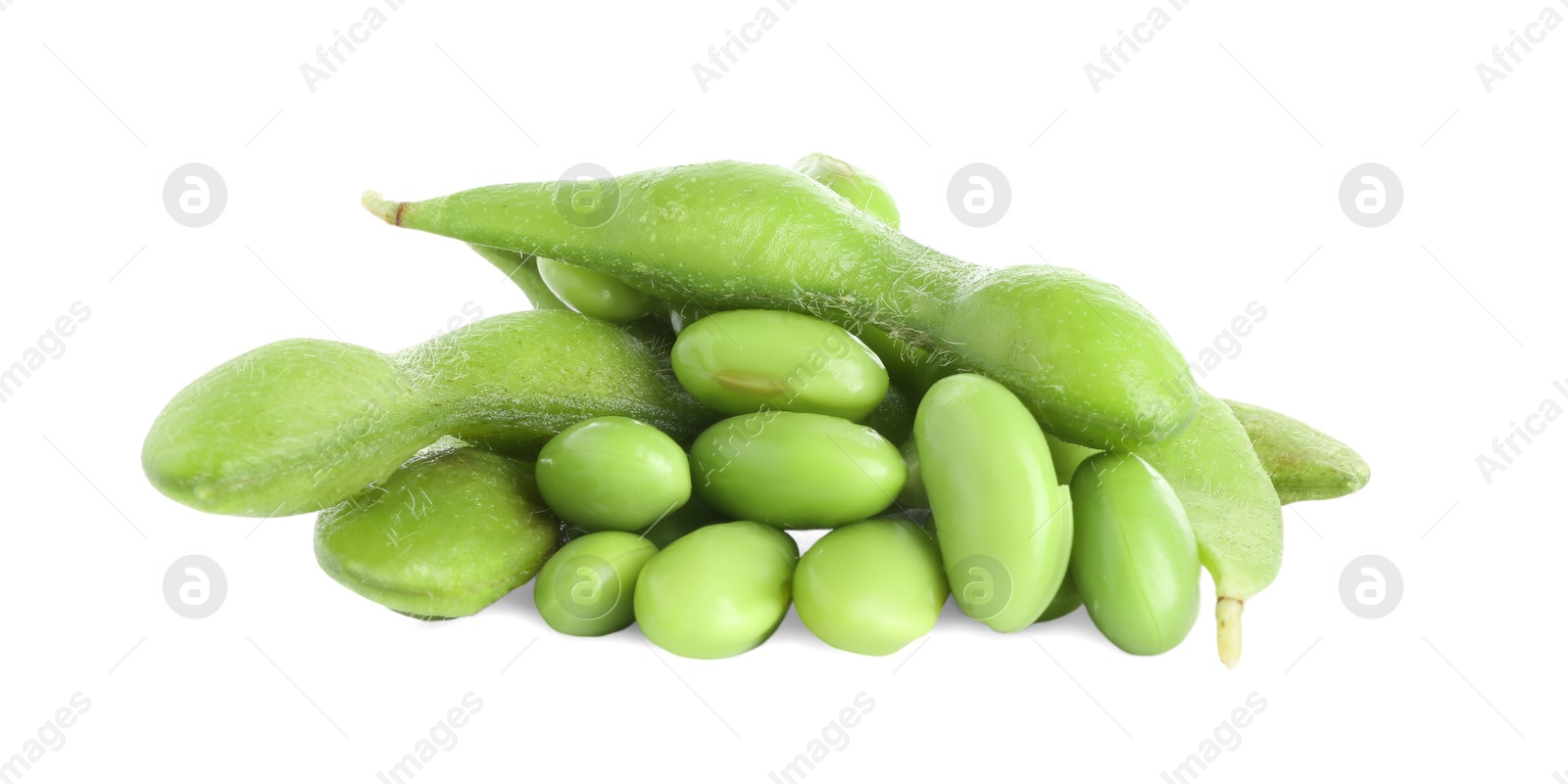 Photo of Raw green edamame soybeans and pods isolated on white