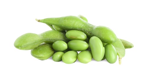 Photo of Raw green edamame soybeans and pods isolated on white