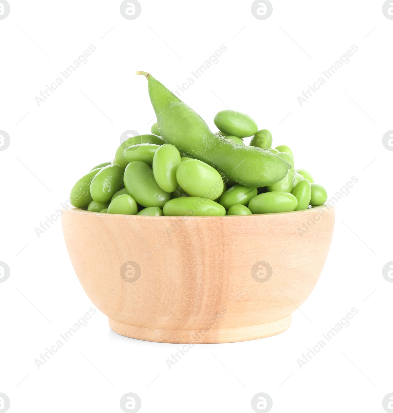 Photo of Raw green edamame soybeans and pod isolated on white