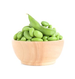 Photo of Raw green edamame soybeans and pod isolated on white