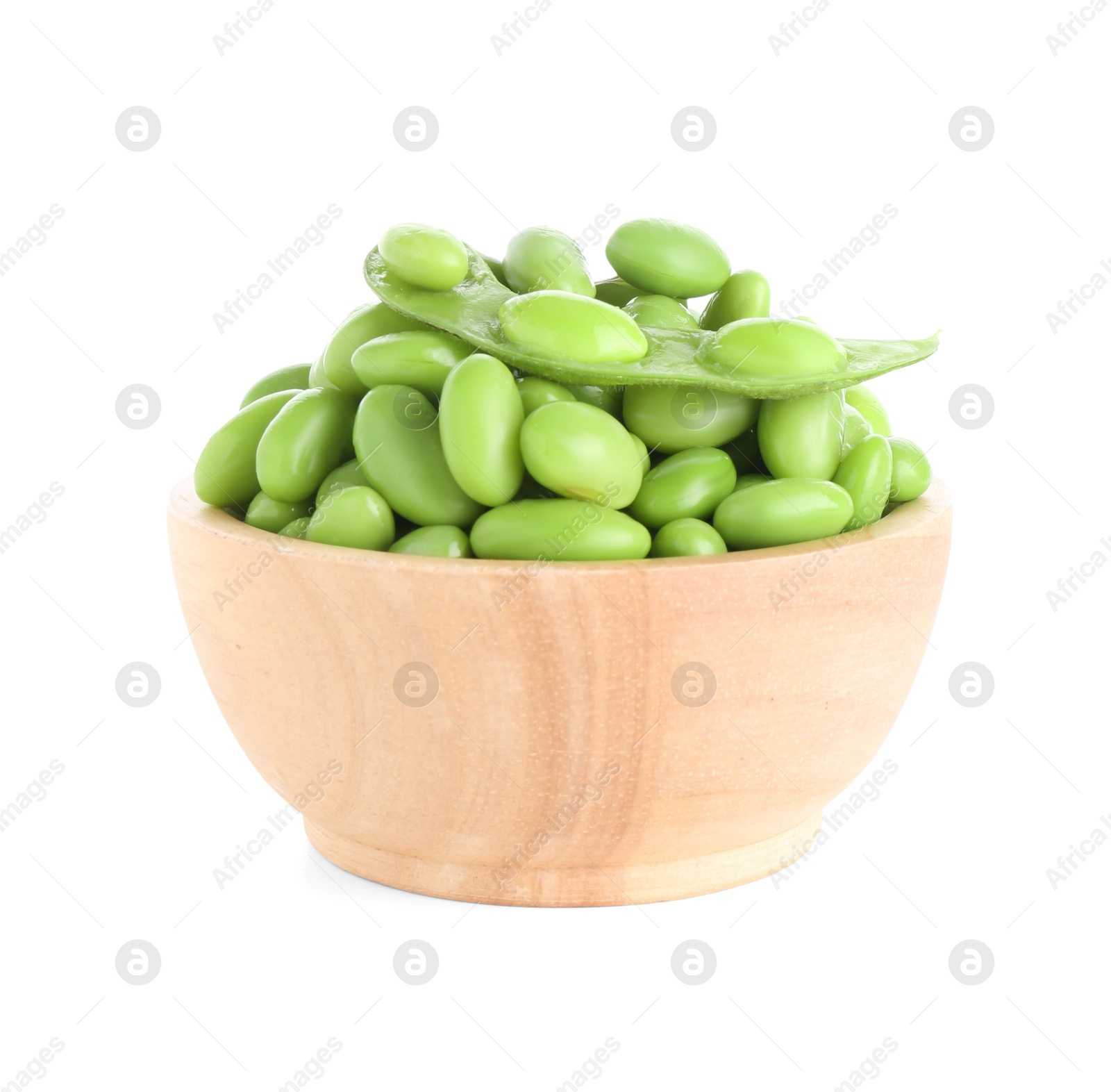 Photo of Raw green edamame soybeans and pod isolated on white