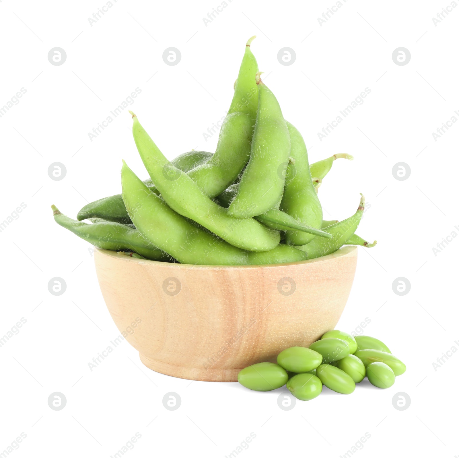 Photo of Raw green edamame soybeans and pods isolated on white