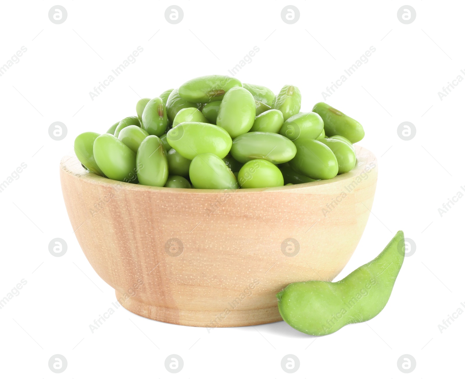 Photo of Raw green edamame soybeans and pod isolated on white