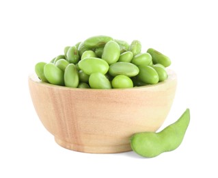 Photo of Raw green edamame soybeans and pod isolated on white