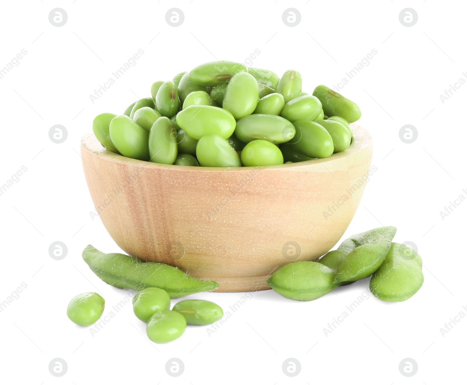 Photo of Raw green edamame soybeans and pods isolated on white