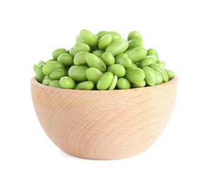 Photo of Raw green edamame soybeans in bowl isolated on white