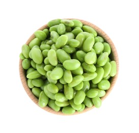 Photo of Raw green edamame soybeans in bowl isolated on white, top view